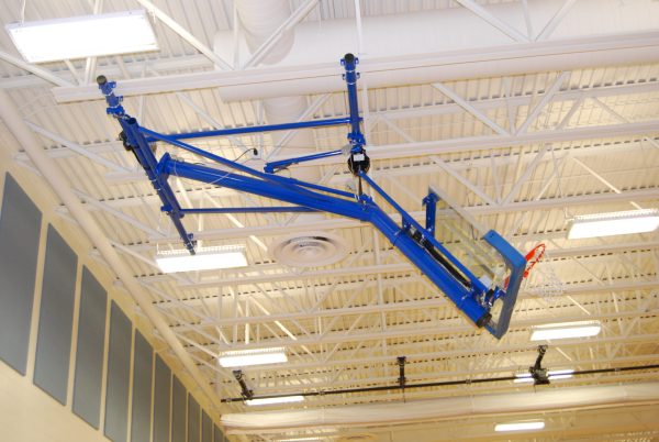 Bent Single Post Front-Braced Front-Folding Ceiling Hung Basketball Backstop