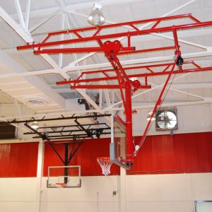 Single Post Rear-Braced Roll-Fold Ceiling Hung Basketball Backstop
