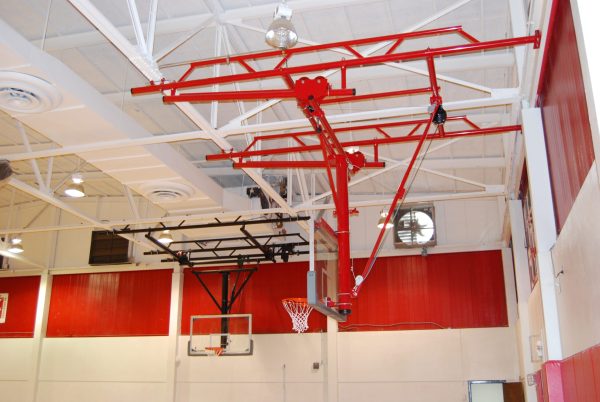 Single Post Rear-Braced Roll-Fold Ceiling Hung Basketball Backstop