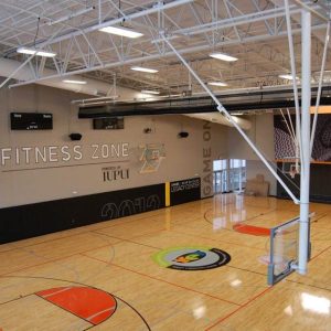 Single Post Front-Braced Front-Folding Ceiling Hung Basketball Backstop