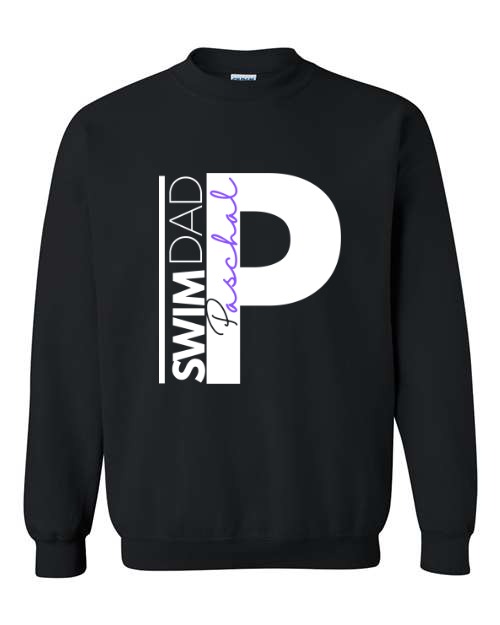 Paschal Panthers black crewneck sweatshirt with the Swim Dad design in white and purple