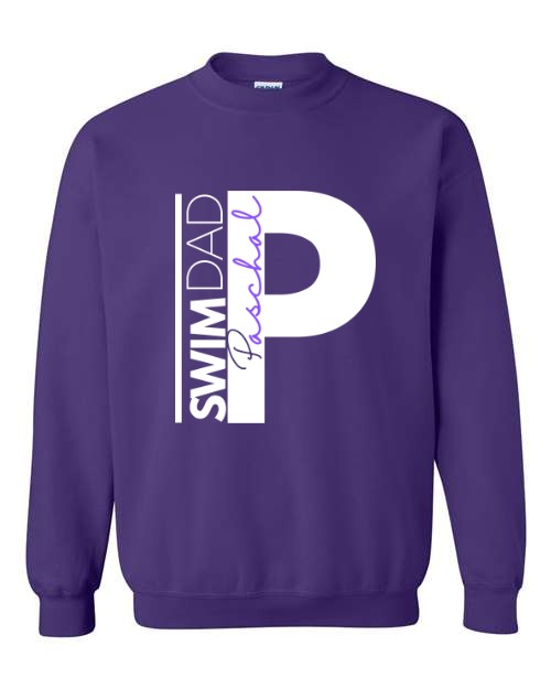 Paschal Panthers purple crewneck sweatshirt with the Swim Dad design in white and purple