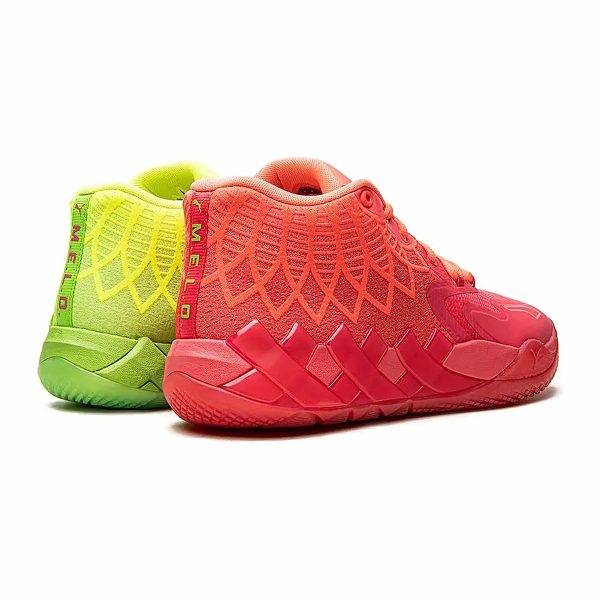 PUMA LaMelo Ball MB.01 x Rick and Morty 376682-01 both shoes showing the mismatched green and red pair