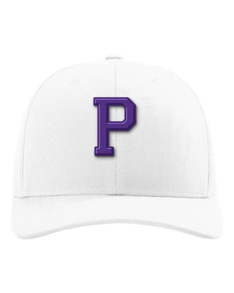 Paschal Panthers snapback cap, white, with raised purple Paschal P patch on the front