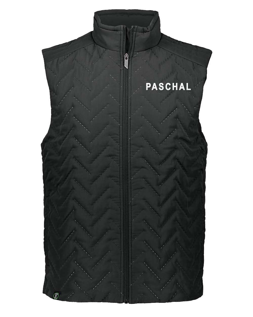 Black quilted vest with PASCHAL embroidered on the left chest in white thread