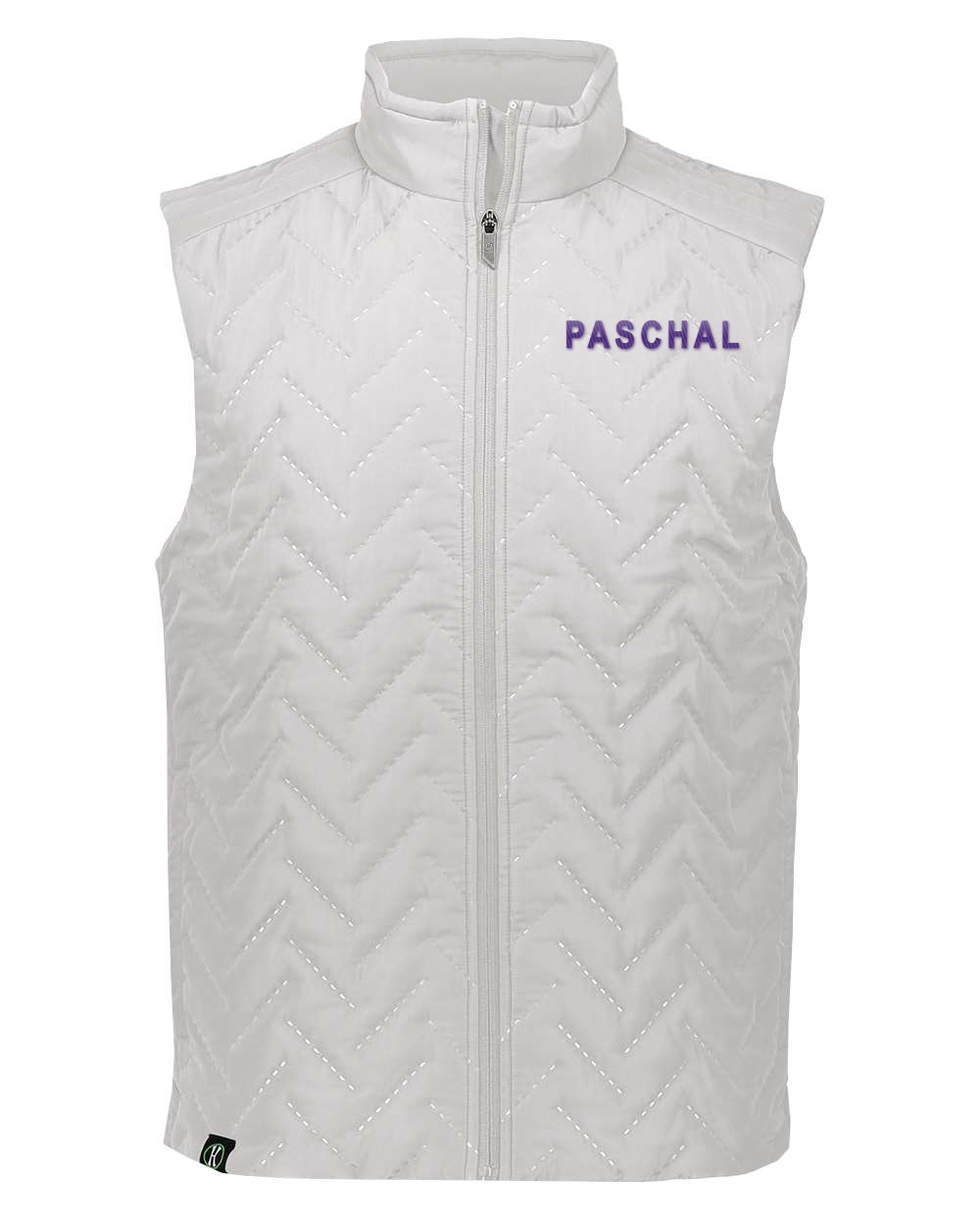 White quilted vest with PASCHAL embroidered on the left chest in purple thread